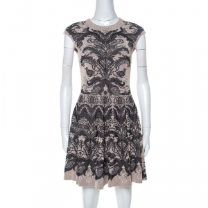 Pre Owned Alexander McQueen Beige and Black Knit Jacquard Silk Blend Mini Dress S