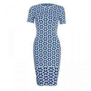 Pre Owned Alexander McQueen Blue Embossed Floral Jacquard Pattern Knit Dress XXS