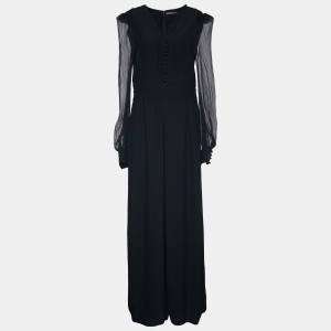 Alexander McQueen Black Crepe Sheer Sleeve Wide Leg Jumpsuit M
