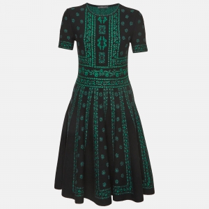 Pre Owned Alexander McQueen Black/Green Floral Pattern Knit Pencil Dress L