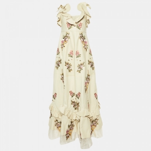 Pre Owned Alexander McQueen Beige Embroidered Lambskin Leather Maxi Dress S
