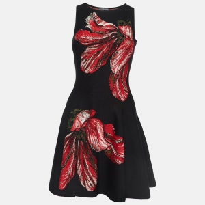 Pre Owned Alexander McQueen Black/Red Floral Intarsia Knit Fit & Flare Mini Dress XS