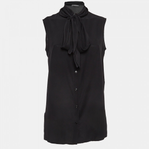 Alexander McQueen Black Silk Buttoned Neck Tie Sleeveless Blouse M