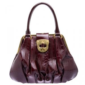 Pre Owned Alexander Mcqueen Bordeaux Croc Embossed Patent Leather Elvie Satchel