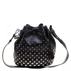 Pre Owned Alexander McQueen Black Leather Studded Padlock Drawstring Bucket Shoulder Bag