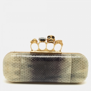 Pre Owned Alexander McQueen Beige/Navy Blue Python Skull Knuckle Duster Clutch