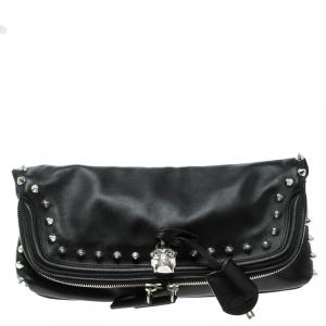 Alexander McQueen Black Leather Studded Skull Padlock Fold Over Clutch