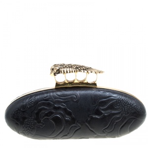 Pre Owned Alexander McQueen Black Leather Hell's Knuckle Duster Skull Box Clutch