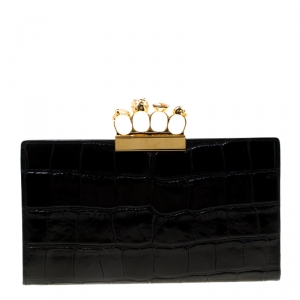 Alexander McQueen Black Croc Embossed Leather Skull Knuckle Clutch