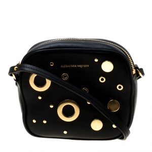 Alexander McQueen Black Leather Eyelet and Stud Camera Crossbody Bag