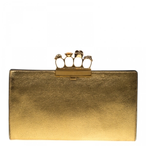 Pre Owned Alexander McQueen Gold Leather Skull Knuckle Flat Clutch