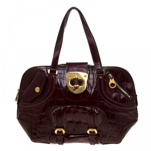 Pre Owned Alexander McQueen Burgundy Croc Embossed Patent Leather Flapper Satchel