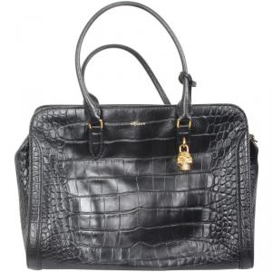 Alexander McQueen Black Croc-Effect Leather Tote Bag
