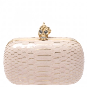 Pre Owned Alexander McQueen Beige/Gold Python Crystal Embellished Skull Clutch