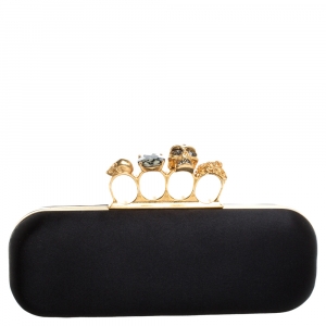 Pre Owned Alexander McQueen Black Satin Skull Knuckle Box Clutch