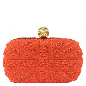 Pre Owned Alexander McQueen Orange Suede Crystal Britannia Skull Box Clutch