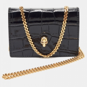 Alexander McQueen Black Croc Embossed Leather Skull Chain Card Case