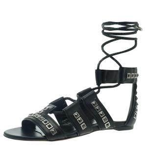 Pre Owned Alexander McQueen Black Leather Studded Sandals Size 37