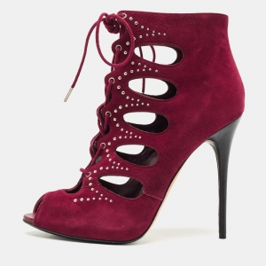 Alexander McQueen Burgundy Cut Out Suede Studded Ankle Booties Size 38