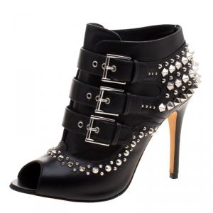 Pre Owned Alexander McQueen Black Studded Leather Peep Toe Ankle Booties Size 36
