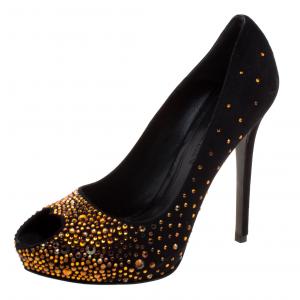 Pre Owned Alexander McQueen Black Crystal Embellished Suede Heart Peep Toe Pumps Size 38.5