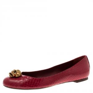 Pre Owned Alexander McQueen Pink Snakeskin Leather Skull City Ballet Flats Size 38