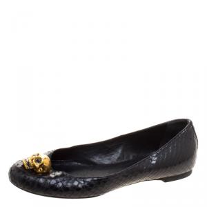 Pre Owned Alexander McQueen Black Python Leather Skull City Ballet Flats Size 36