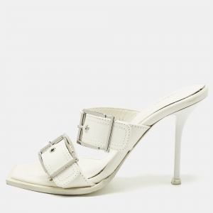 Pre Owned Alexander McQueen White  Leather Buckle Detail Slide Sandals Size 39