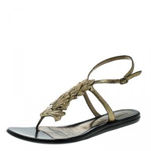 Pre Owned Alexander McQueen Gold Leather Flat Sandals Size 40.5