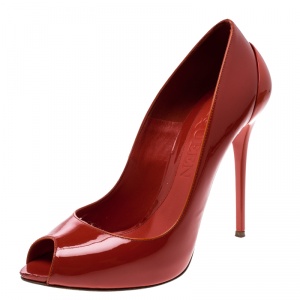 Pre Owned Alexander McQueen Red Patent Leather Peep Toe Pumps Size 37.5
