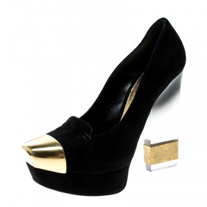 Pre Owned Alexander McQueen Black Suede Plexi Heel Platform Pumps Size 38.5