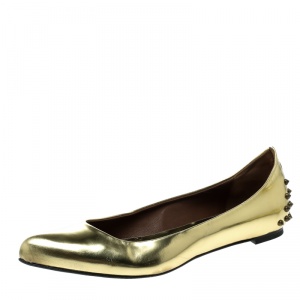 Pre Owned Alexander McQueen Metallic Gold Leather Studded Ballet Flats Size 41