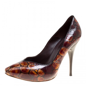Pre Owned Alexander McQueen Two Tone Brown Tortoise Shell Embossed Patent Leather Pumps Size 40
