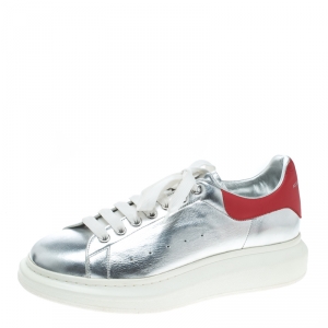 Pre Owned Alexander McQueen Silver/Red Leather Classic Larry Platform Lace Up Sneakers Size 45