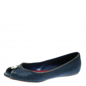 Pre Owned Alexander McQueen Blue Textured Leather Skull Zip Detail Peep Toe Ballet Flats Size 38