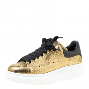 Pre Owned Alexander McQueen Gold/Black Leather Classic Larry Platform Lace Up Sneakers Size 37