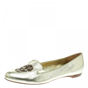 Pre Owned Alexander McQueen Gold Leather Sequin Skull Ballet Loafer Flats Size 39