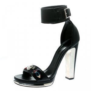 Pre Owned Alexander McQueen Black Embroidered Leather Ankle Strap Platform Sandals Size 38