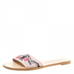 Pre Owned Alexander McQueen Blush Pink Skull Embroidered Leather Poppy Slide Flats Size 37.5