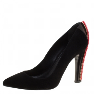 Pre Owned Alexander McQueen Black Suede Zip Embellished Heel Pointed Toe Pumps Size 38