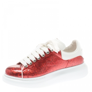 Pre Owned Alexander McQueen Red Glitter Platform Lace Up Sneakers Size 37