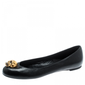 Pre Owned Alexander McQueen Black Leather Skull City Ballet Flats Size 36