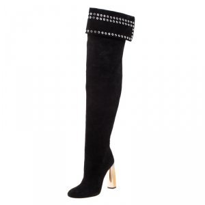 Pre Owned Alexander McQueen Black Suede Eyelet Detail Knee Length Boots Size 39