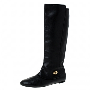 Pre Owned Alexander McQueen Black Leather Skull Charm Knee Length Boots Size 40