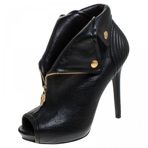 Pre Owned Alexander McQueen Black Leather Faithful Skull Peep Toe Booties Size 37