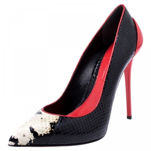 Pre Owned Alexander McQueen Black Python Embossed Leather Pointed Toe Pumps Size 39