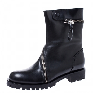 Pre Owned Alexander McQueen Black Leather Curve Skull Zip Ankle Boots Size 40