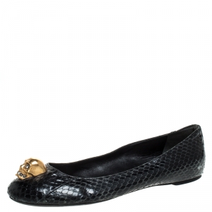 Pre Owned Alexander McQueen Black Python Leather Skull City Ballet Flats Size 39.5