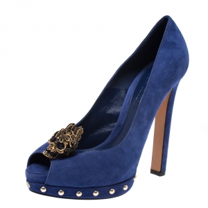 Pre Owned Alexander McQueen Blue Suede Crystal Embellished Skull Peep Toe Platform Pumps Size 38