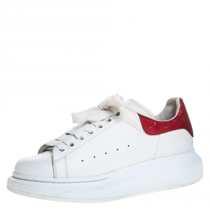 Pre Owned Alexander McQueen White/Red Leather Larry Low Top Sneakers Size 38